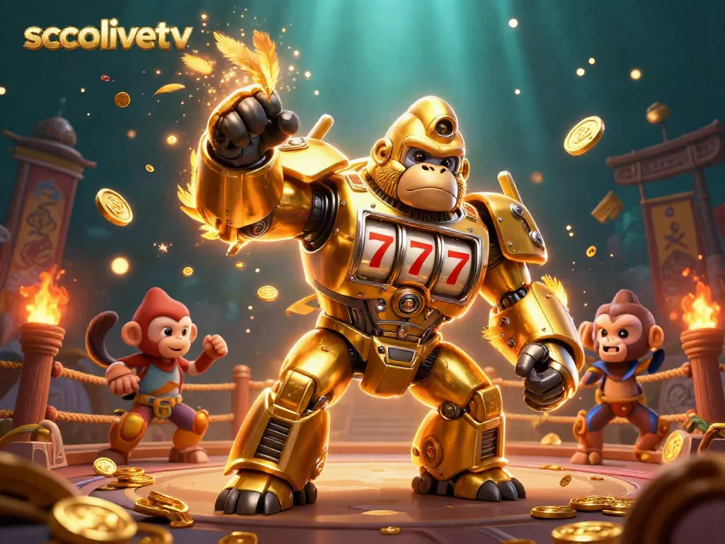 Experience the excitement of socolivetv with a dynamic golden gorilla mech slot machine bursting with coins.