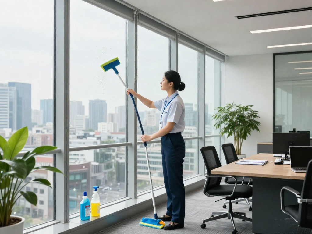 Büroreinigung Göttingen: Professionelle Reinigungskräfte säubern glänzende Fenster in modernem Büro.