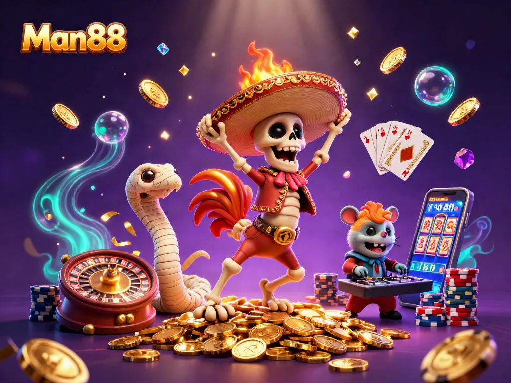 Experience exciting wins at Man88 with a 3D illustration of gaming characters and dynamic casino elements.