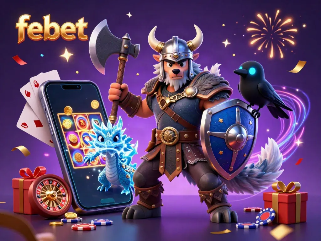 Experience thrilling gaming with febet’s Viking hero in a dynamic 3D casino scene filled with excitement and winning elements.