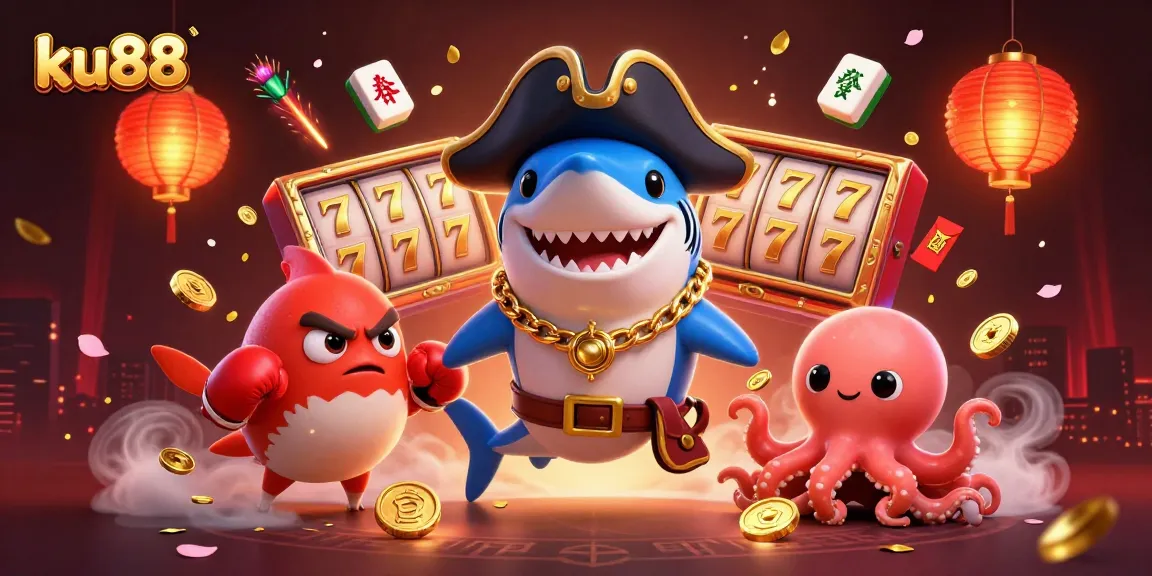 ku88 showcases a vibrant 3D casino scene with a pirate shark and lucky game elements.