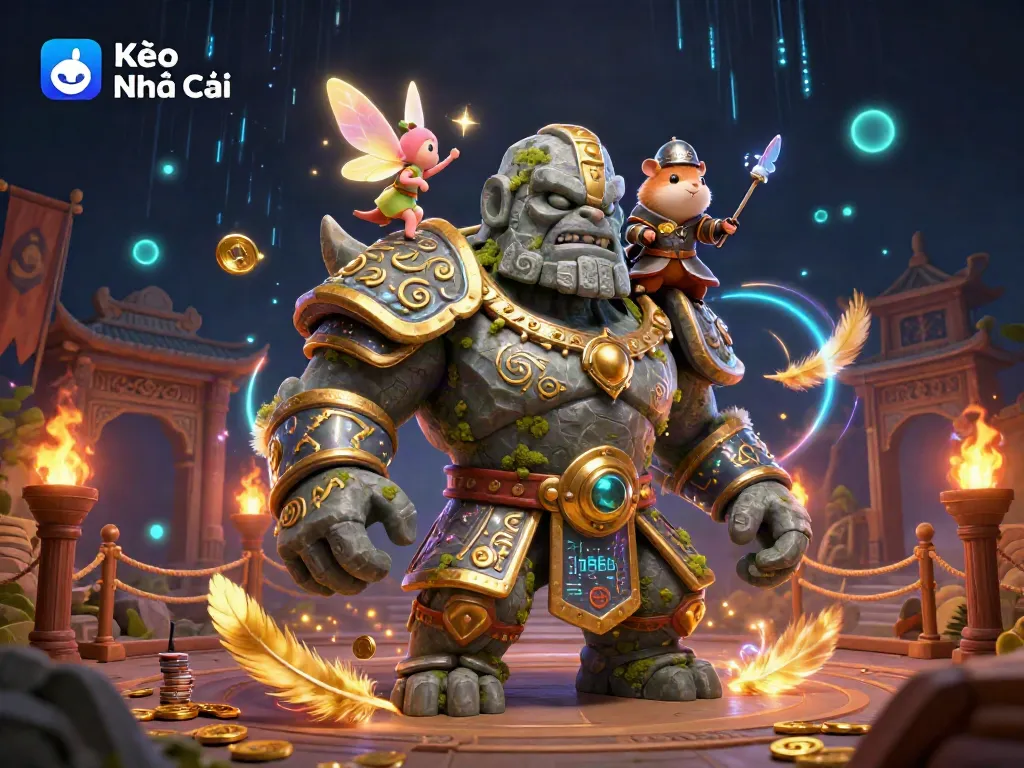 Experience Kèo Nhà Cái with the magical golem and knight, surrounded by betting treasures.