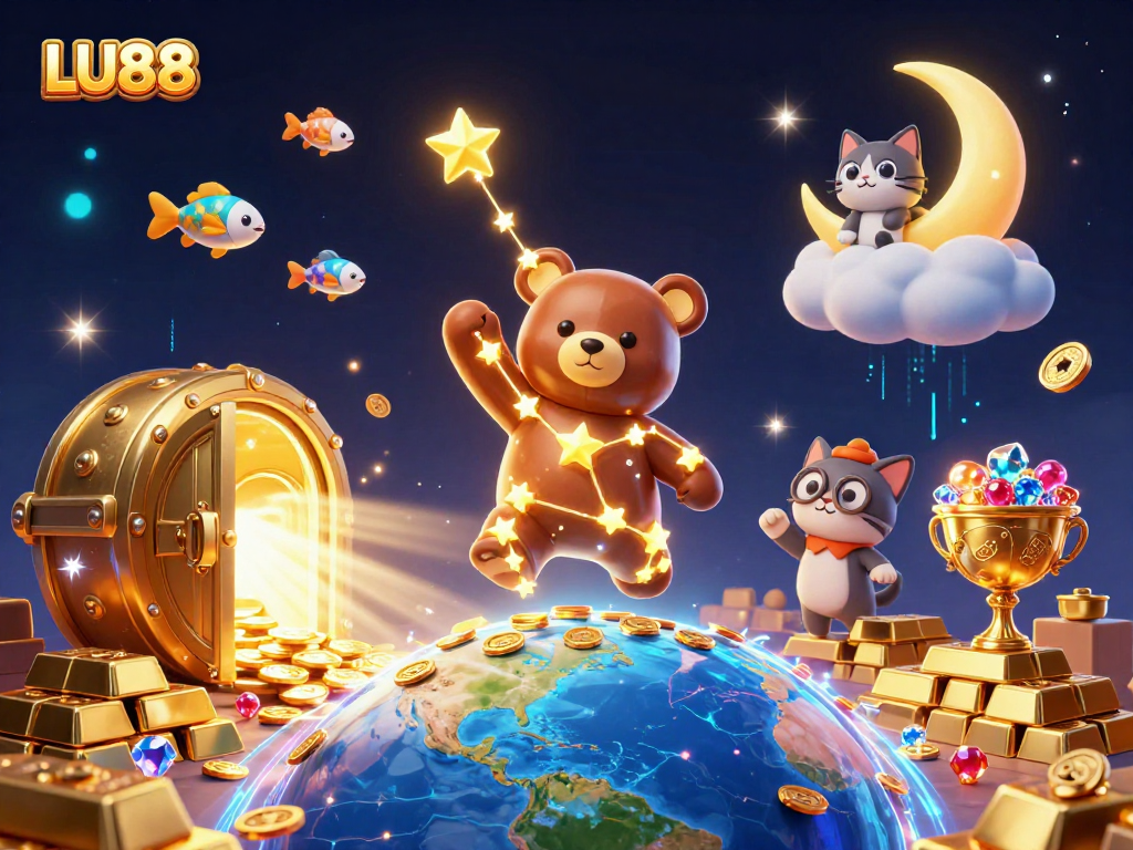 LU88 delivers an engaging experience with a golden constellation bear, surrounded by treasure and casino elements.