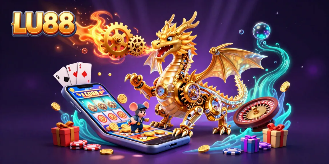LU88 casino illustration showcasing a golden dragon with a mouse engineer, vibrant slot game elements, and rich atmospheric effects.