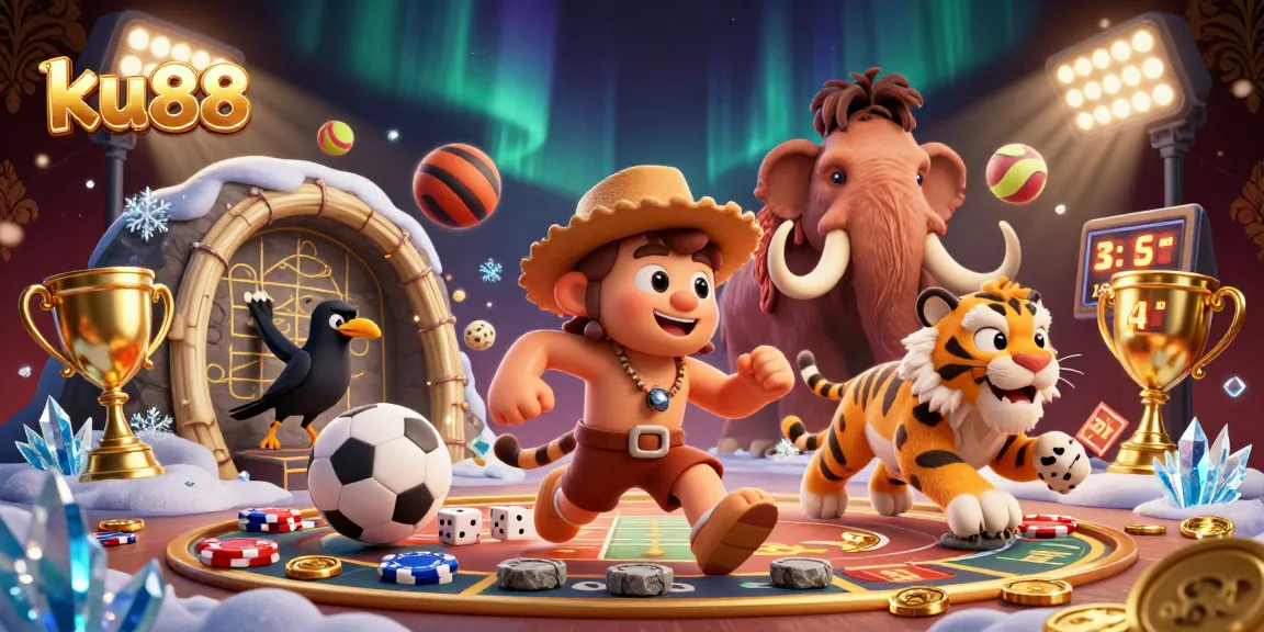 Experience the excitement of ku88 in a vibrant prehistoric casino scene with sports elements.