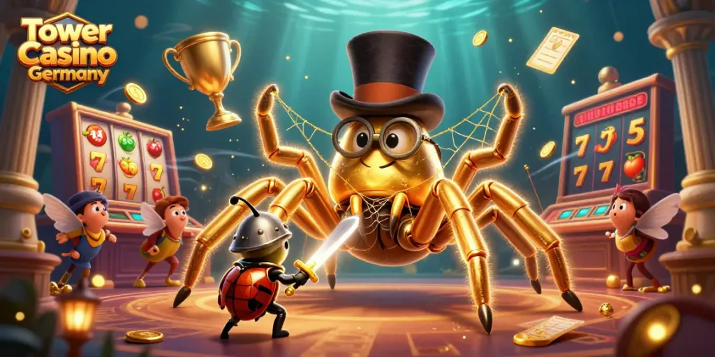 Das Tower Casino Deutschland zeigt eine lebhafte Szene mit einer goldenen Tarantel und einem Kämpfer, umgeben von Glücksspielen und goldenen Gewinnen.