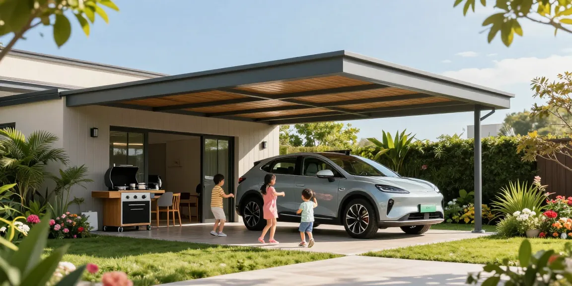 Carport bietet Schutz für Fahrzeuge und ist ideal für Familienaktivitäten im Garten.