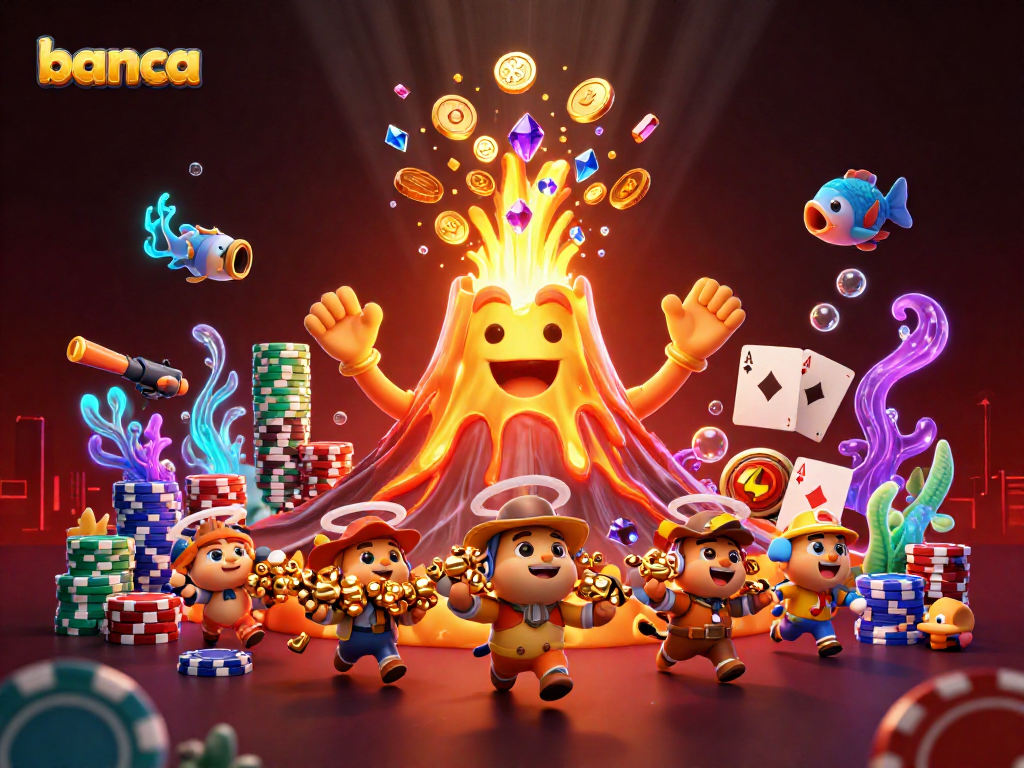 Experience thrilling adventures at banca with a 3D volcano flooding treasures amidst an underwater world.