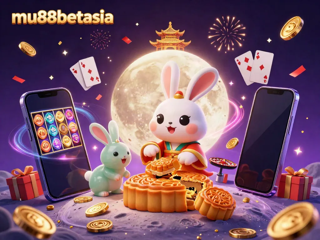 Experience the excitement of mu88betasia with a vibrant 3D scene featuring lucky moon rabbits and casino elements.
