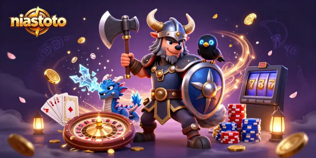 Tangkapan layar niastoto dengan karakter Viking, naga, dan burung gagak di kasino 3D