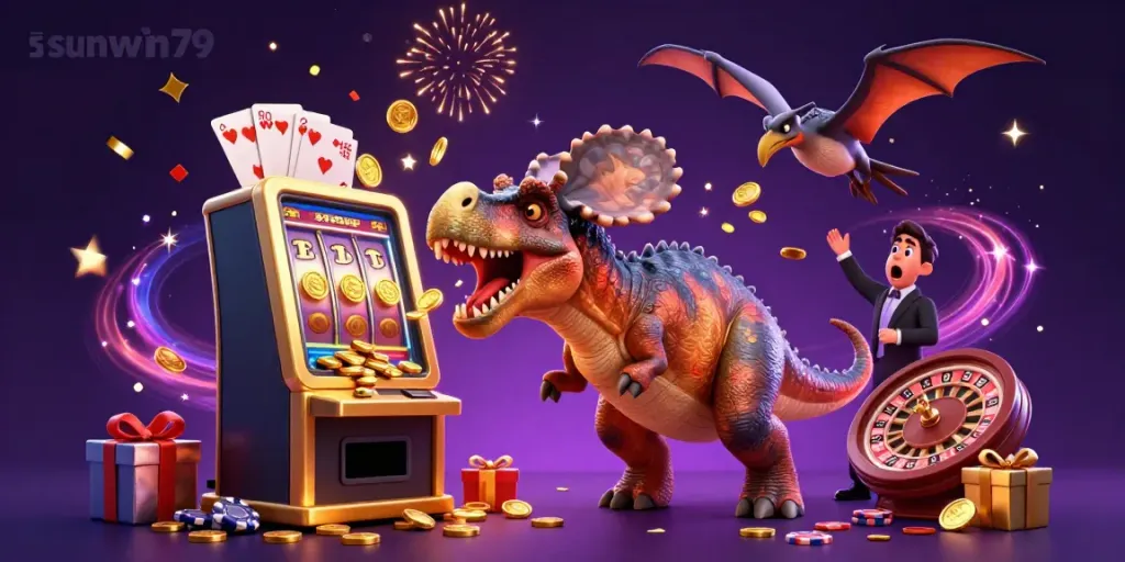 Experience the excitement of sunwin79 as a dinosaur hits a jackpot slot machine with flying coins.