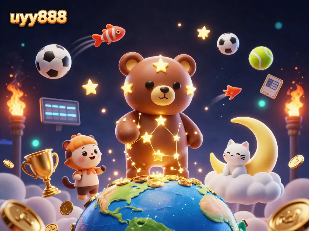 Engage with the uyy888 universe, where a constellation bear scoops coins amidst dynamic sports elements.