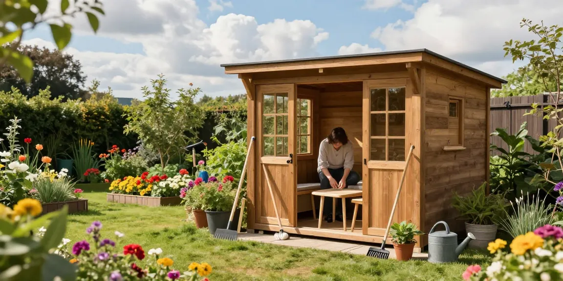Stilvolles Gartenhaus umgeben von bunten Blumen und einer einladenden Atmosphäre.