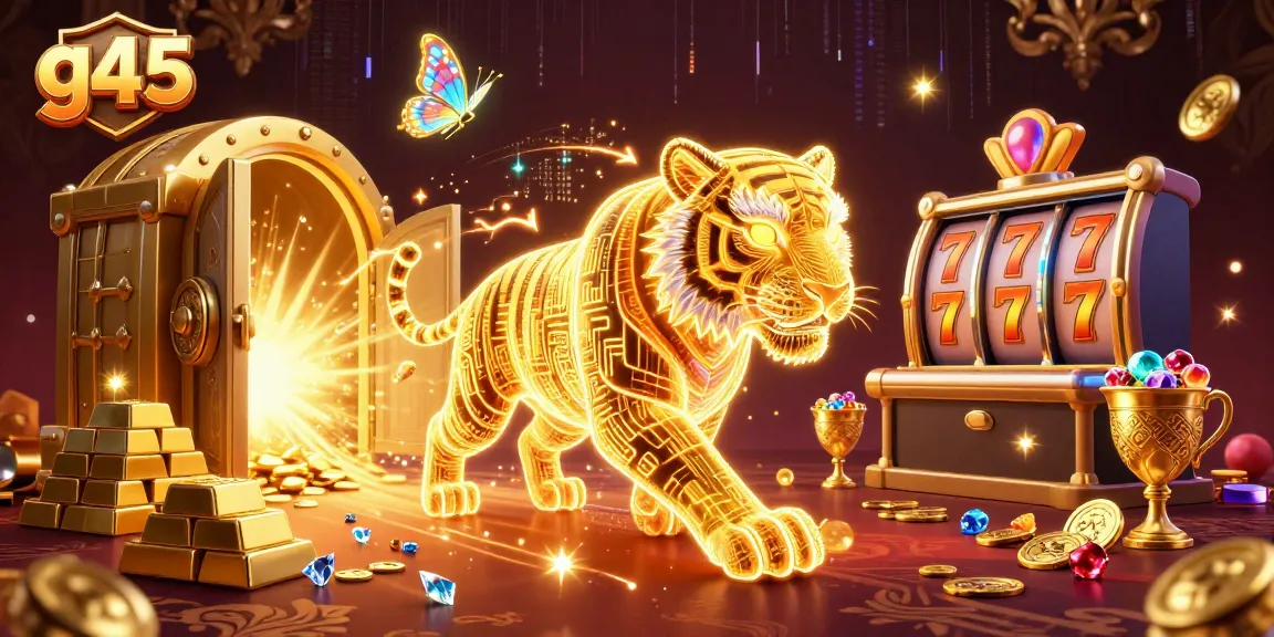 Experience the thrill of g45 slots with a neon tiger in a vibrant casino scene.