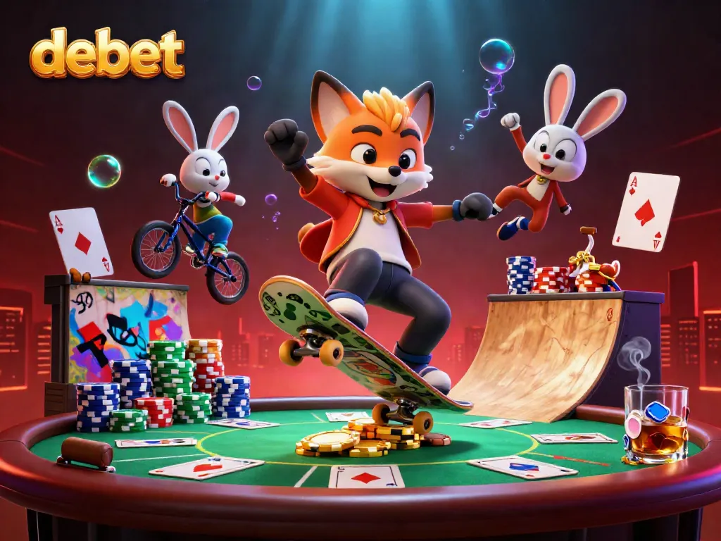 Experience thrilling casino action with debet featuring a skateboarder fox and BMX rabbit in 3D art.