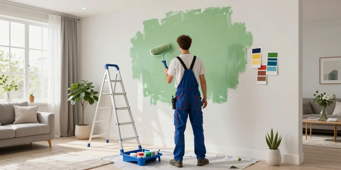 Professioneller Maler in Heidelberg bei der Arbeit, frische Wandfarbe in modernem Wohnraum auftragen.