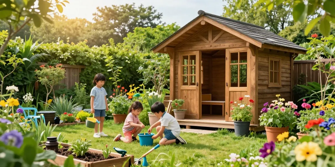 Gemütliches Gartenhaus aus Holz in einer blühenden Gartenlandschaft mit Familie bei der Gartenarbeit.