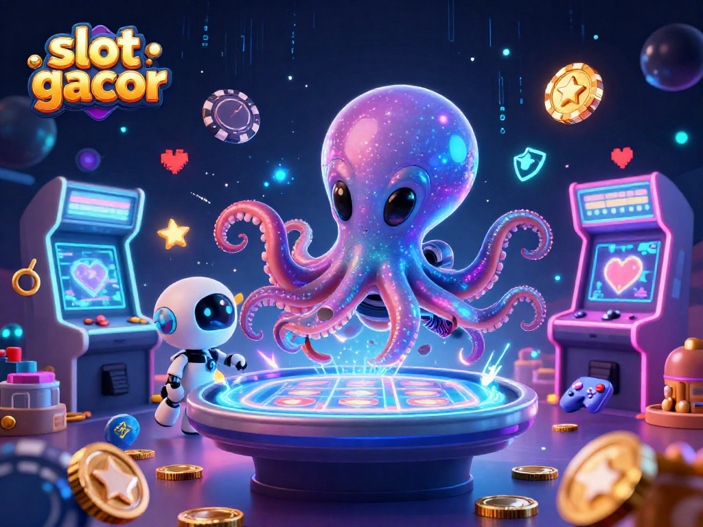 Engaging scene of slot gacor with an octopus handling a holographic table and vibrant gaming elements.