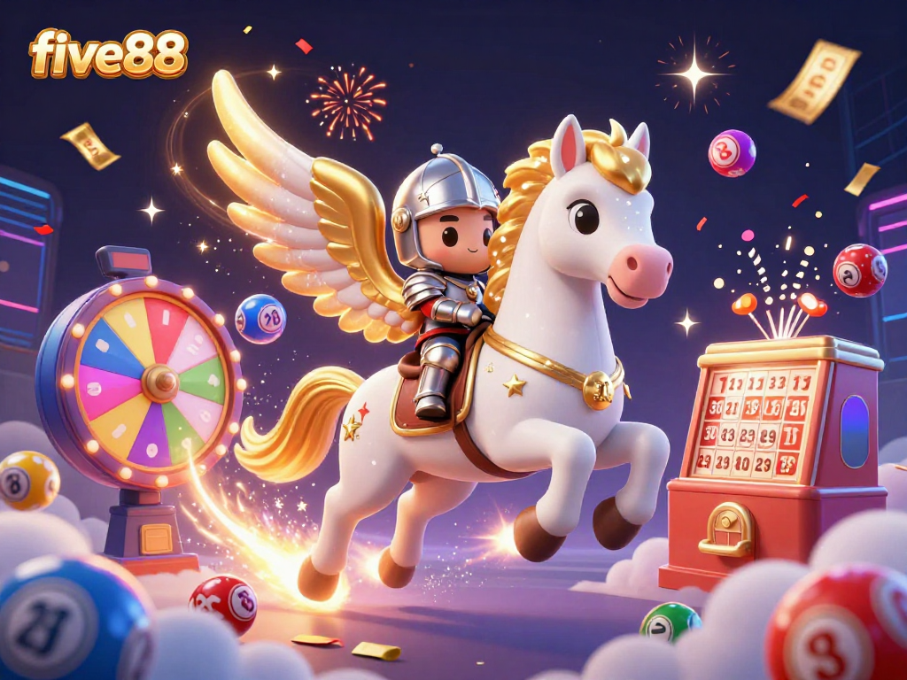 Experience lively excitement at five88 with dazzling lottery balls and thrilling prizes in an enchanting scene.