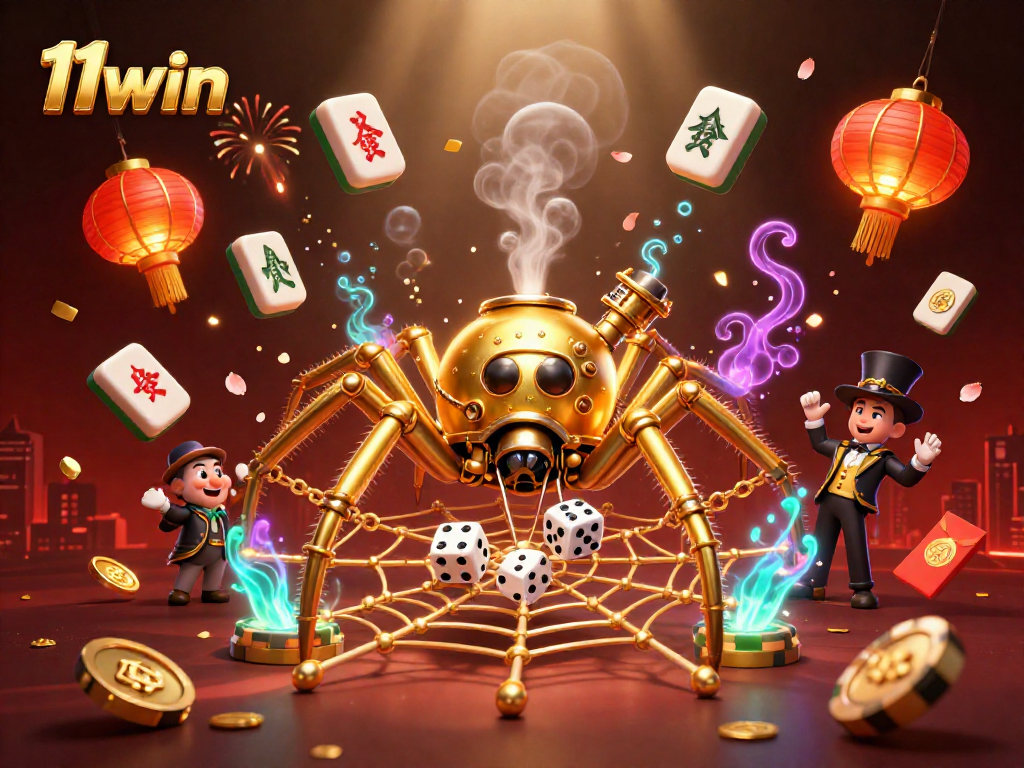 Engage with the 11win experience of a steampunk spider trapping dice, adorned with vibrant casino elements.