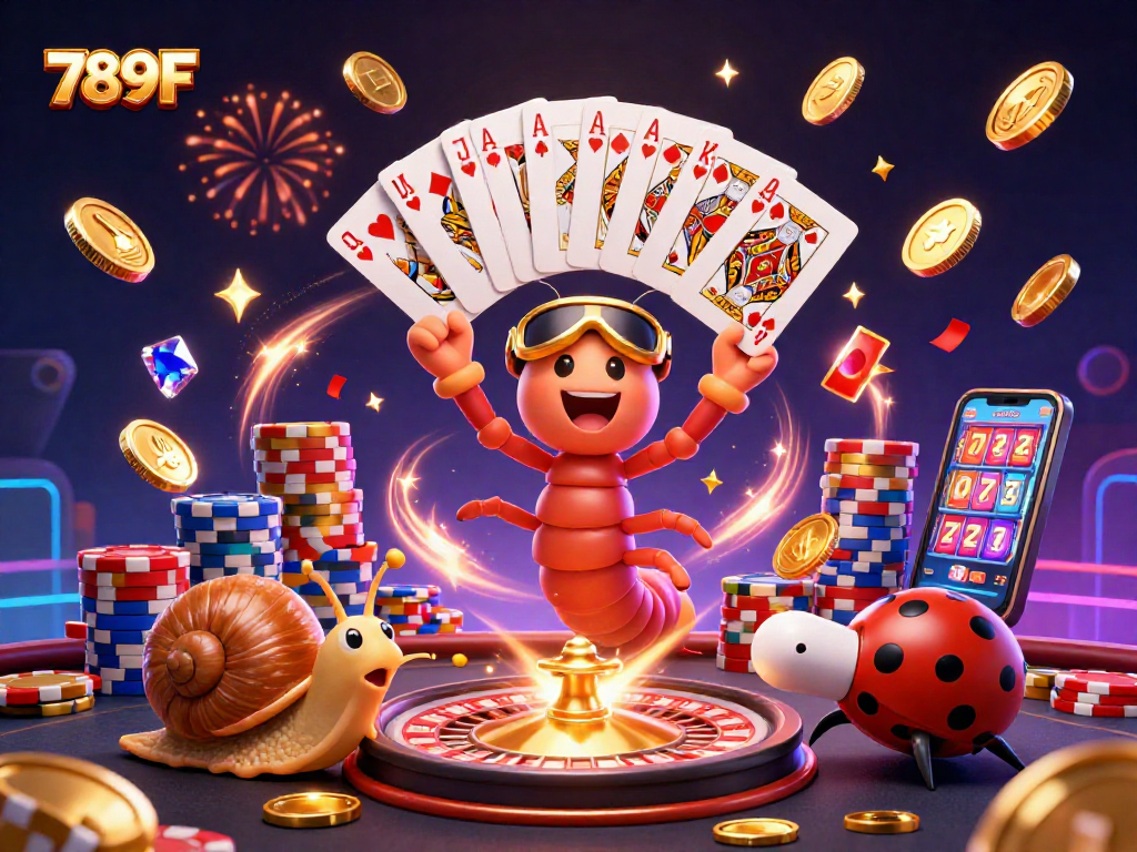 Experience the excitement of 789F with vibrant casino characters and dynamic game elements in a colorful scene.