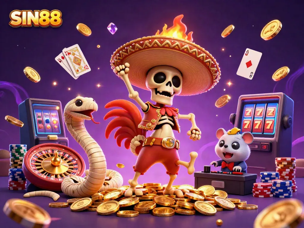 SIN88 showcases an exciting casino scene with animated characters celebrating amidst cascading golden coins.