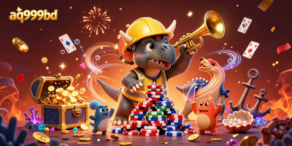 Experience excitement with aq999bd's playful casino gaming scene filled with vibrant characters and treasures.