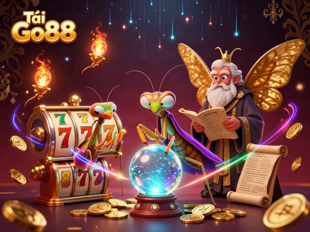 Play Tải Go88 with vibrant slot reels and a whimsical fortune teller scene.