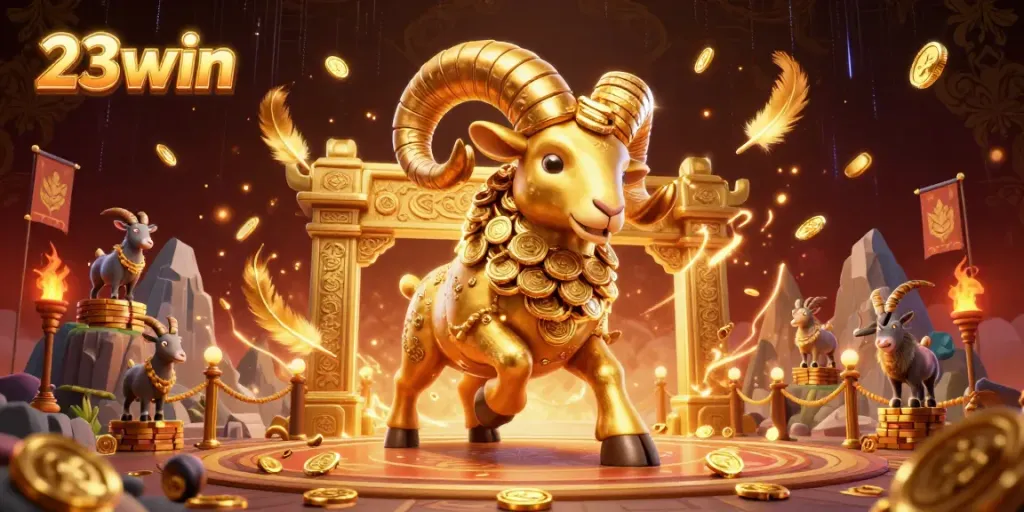 Spin and win with 23win's vibrant golden ram and rich casino elements.