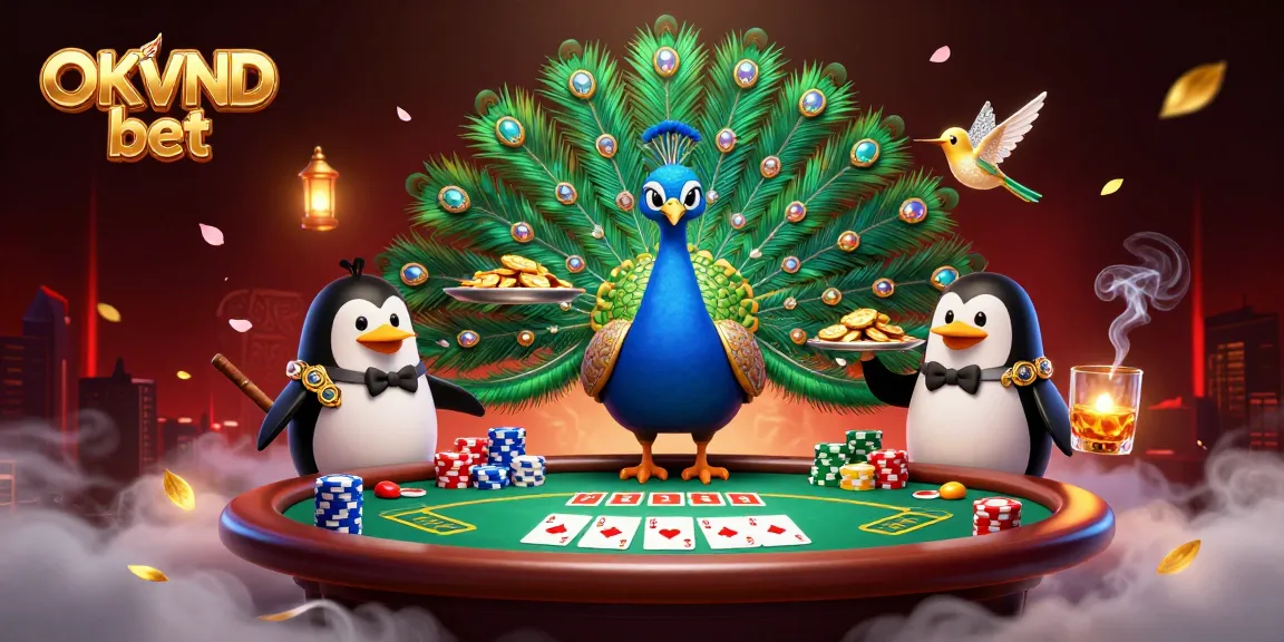 Engage in OKVND bet with a vibrant cartoon scene filled with poker elements and winning vibes.