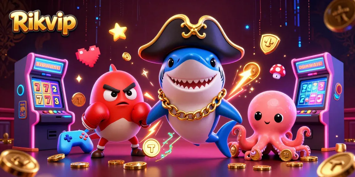 Play exciting games on Rikvip with a vibrant 3D scene featuring cartoon characters and casino elements.