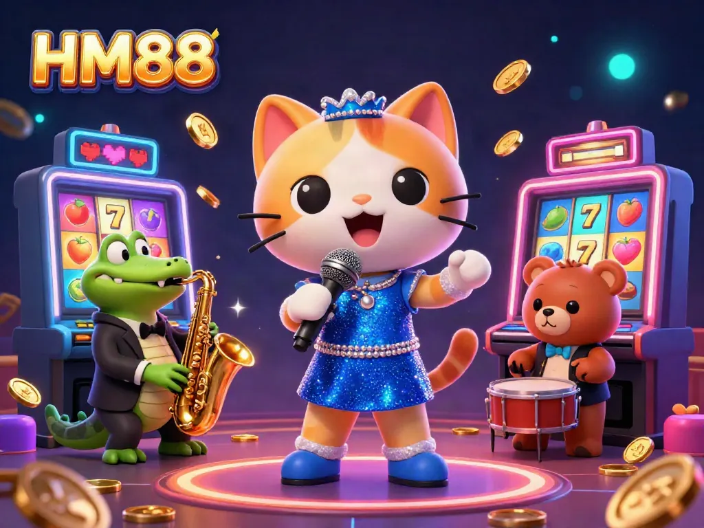 Experience thrilling moments with HM88 at a lively casino scene featuring unique characters and vibrant gaming elements.
