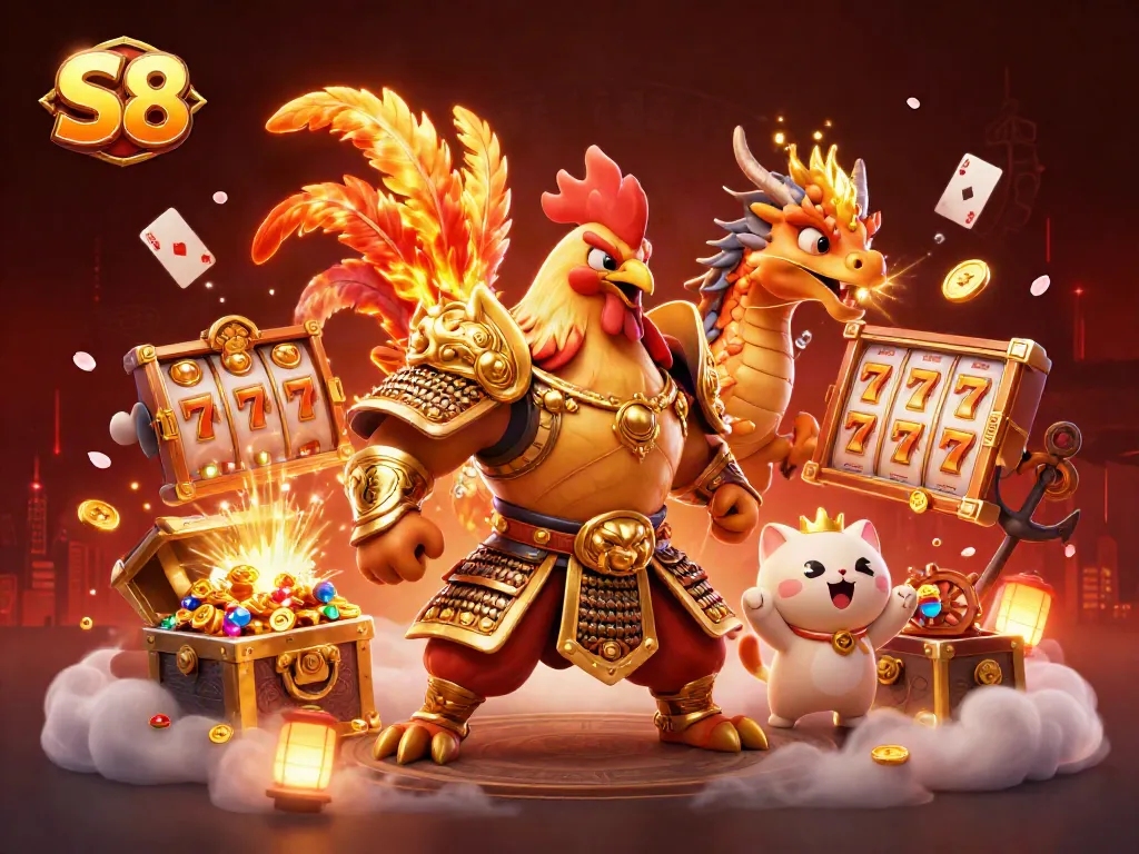 Experience excitement at S8 with a 3D scene featuring a fantasy rooster warrior and treasures from slots.