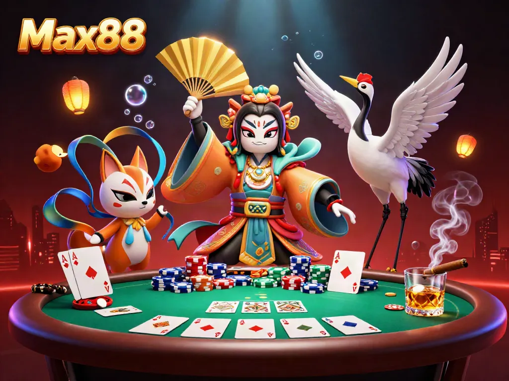 Experience the vibrant energy of Max88 with captivating casino themes featuring kabuki warriors and poker elements.