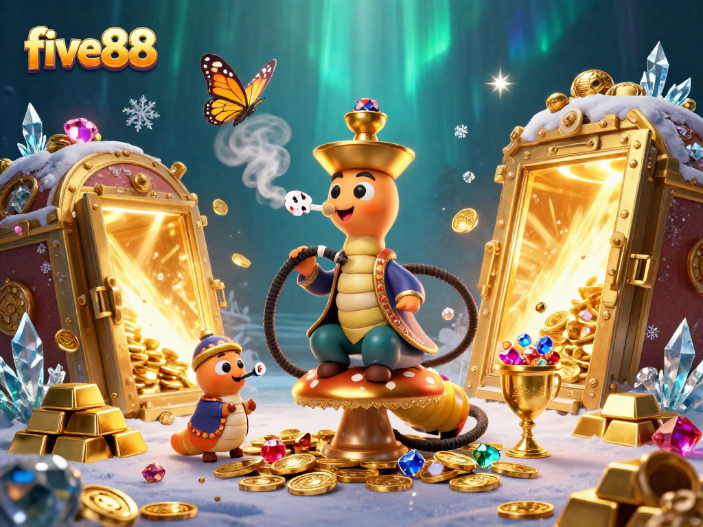 Engage in thrilling games at five88 with a lively 3D scene featuring characters and treasures.