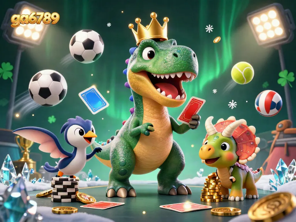 Engage in thrilling gameplay at ga6789 with a vibrant 3D scene featuring T-Rex, poker cards, and animated sports elements.