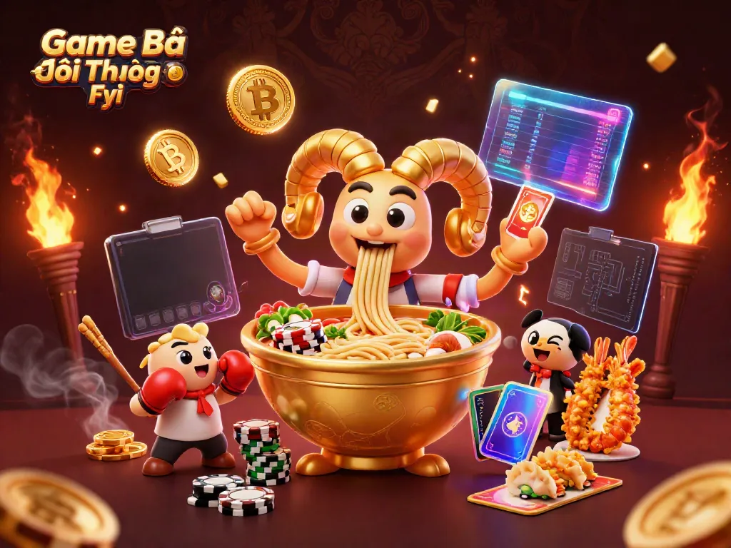 Experience thrilling moments at Game Bài Đổi Thưởng Fyi with cartoon characters celebrating wins amid vibrant gaming elements.