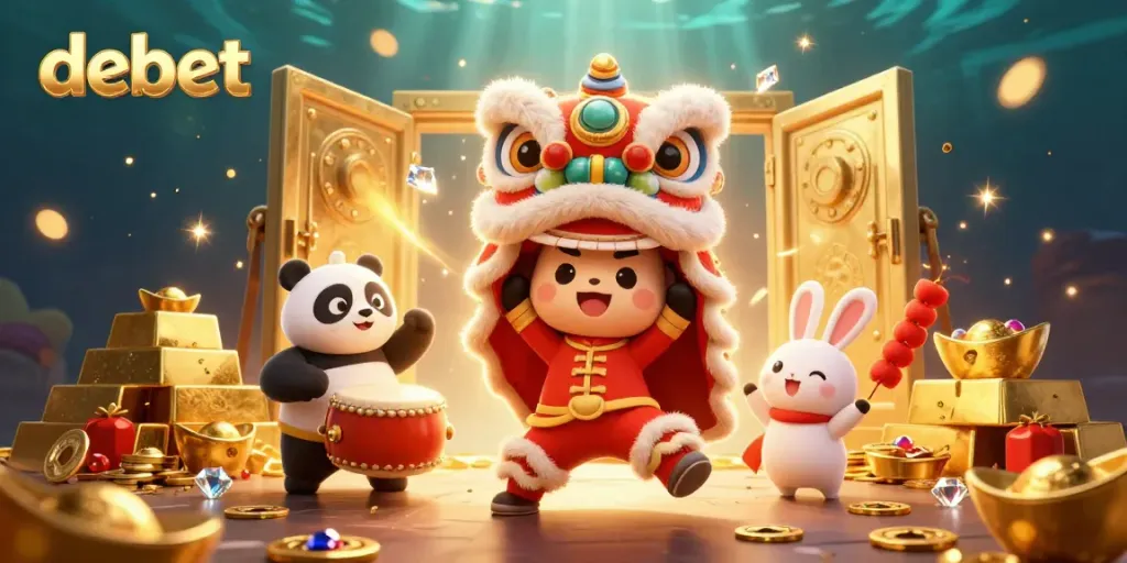 Experience the vibrant debet casino world with lively characters and treasure in an energetic celebration.