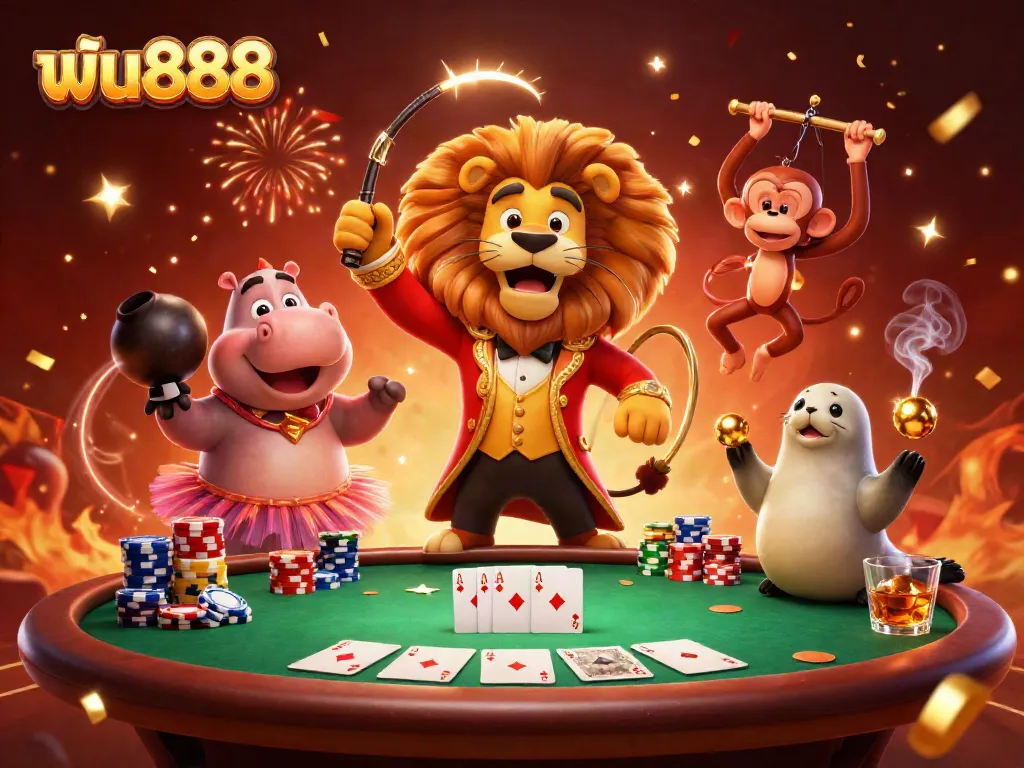 Engage with ฟัน888 excitement at a lively casino scene featuring captivating 3D characters amidst vibrant poker elements.