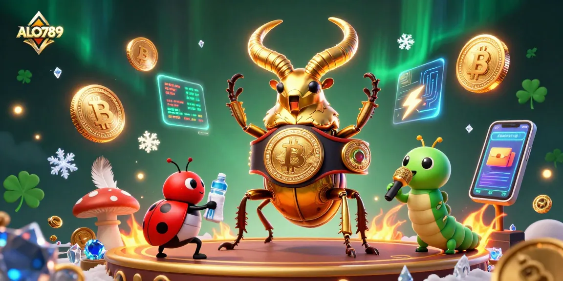 Betting on ALO789 with a colorful 3D cartoon scene of a stag beetle champion, ladybug corner-man, and caterpillar announcer.