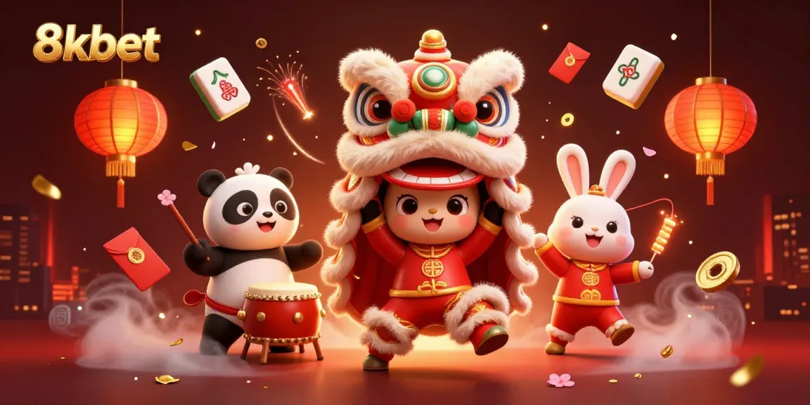 Engage with 8xbet's vibrant casino experience through a dynamic scene of a lion dance and festive elements.