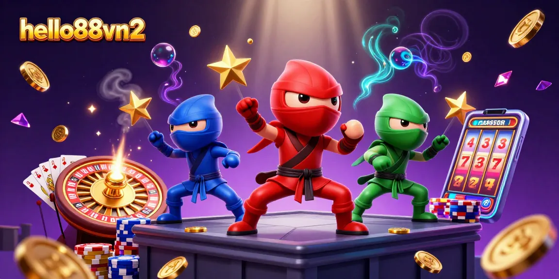 hello88vn2 showcases a vibrant scene of chameleon ninjas performing while engaging in casino excitement.