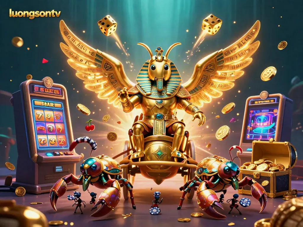 Experience thrilling gaming with luongsontv - a vibrant 3D scene featuring a golden beetle, jackpots, and lively casino elements.
