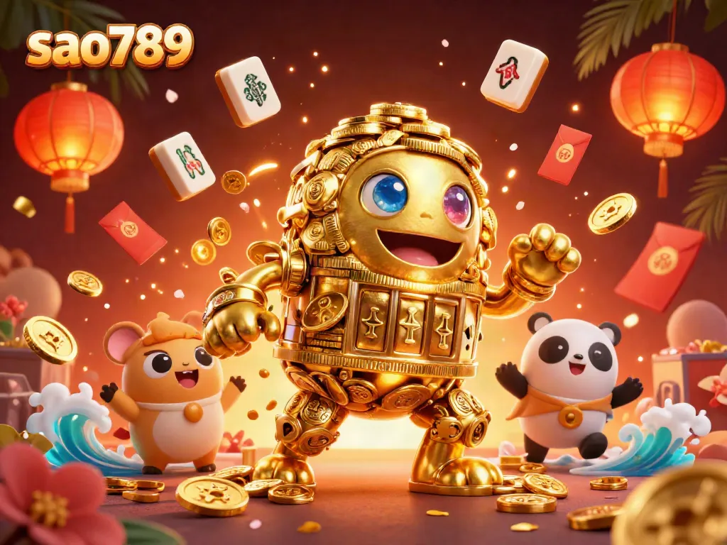 Simplify your gaming experience at sao789 with vibrant Asian casino elements, including a shimmering golden golem.