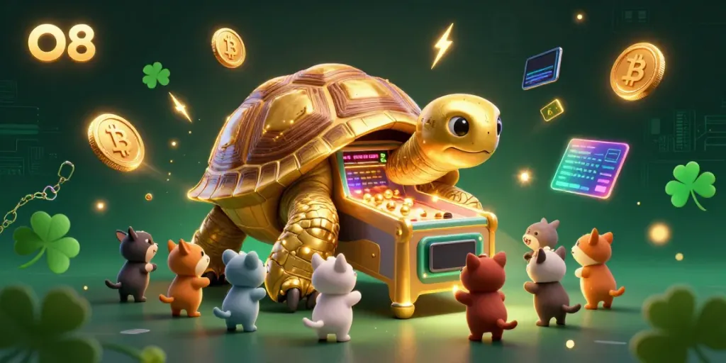 Engaging scene at O8 casino featuring a golden tortoise pinball machine amidst crypto elements and eager players.
