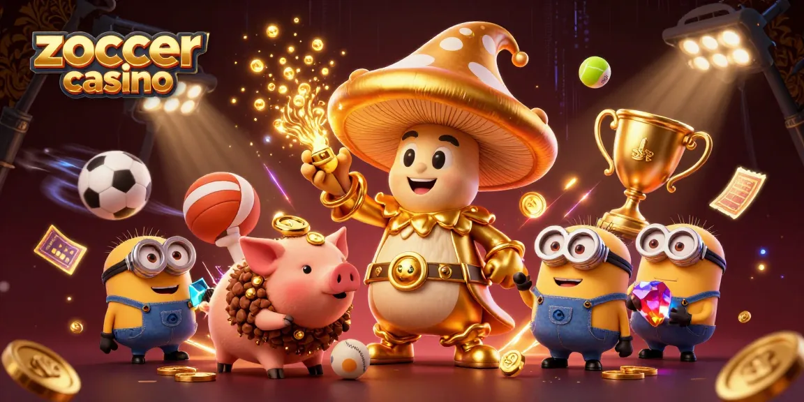 Zoccer casino elevates your gaming with a magical scene of golden treasures, sports excitement, and whimsical characters.