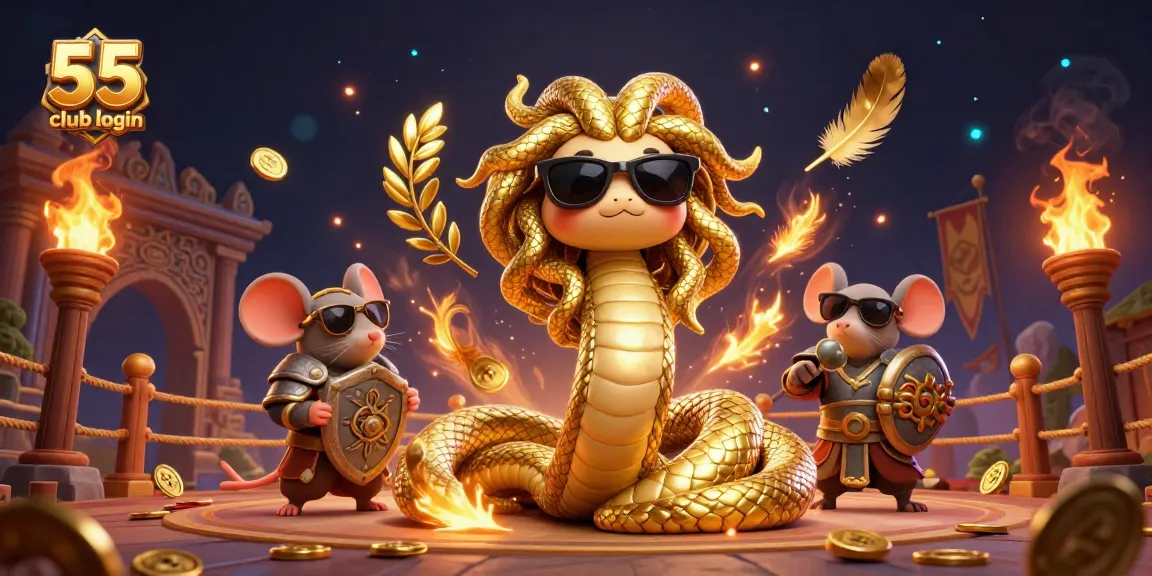 Engage with the 55 club login in this vibrant 3D casino scene filled with characters, games, and dynamic elements.