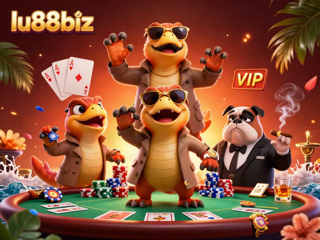 Experience thrilling casino gaming with lu88biz featuring amusing raptors attempting VIP access in a fun illustration.