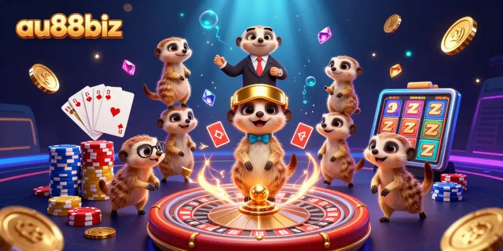 au88biz meerkats managing a casino, featuring vibrant elements and dynamic gameplay