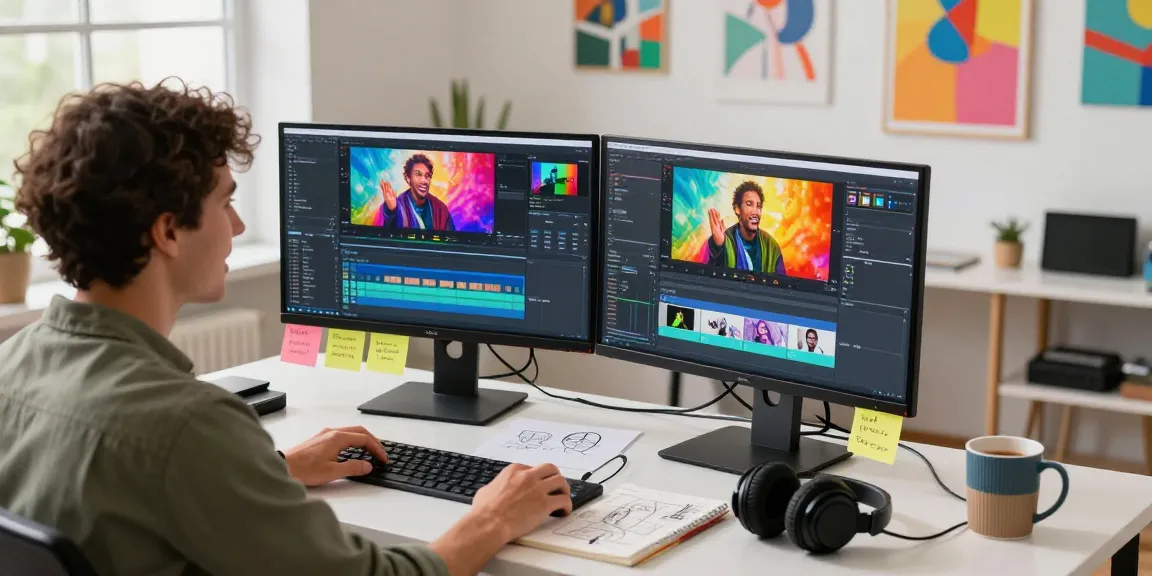 Konvertierung von Bild-zu-Video im kreativen Arbeitsraum mit Monitoren und Notizen.